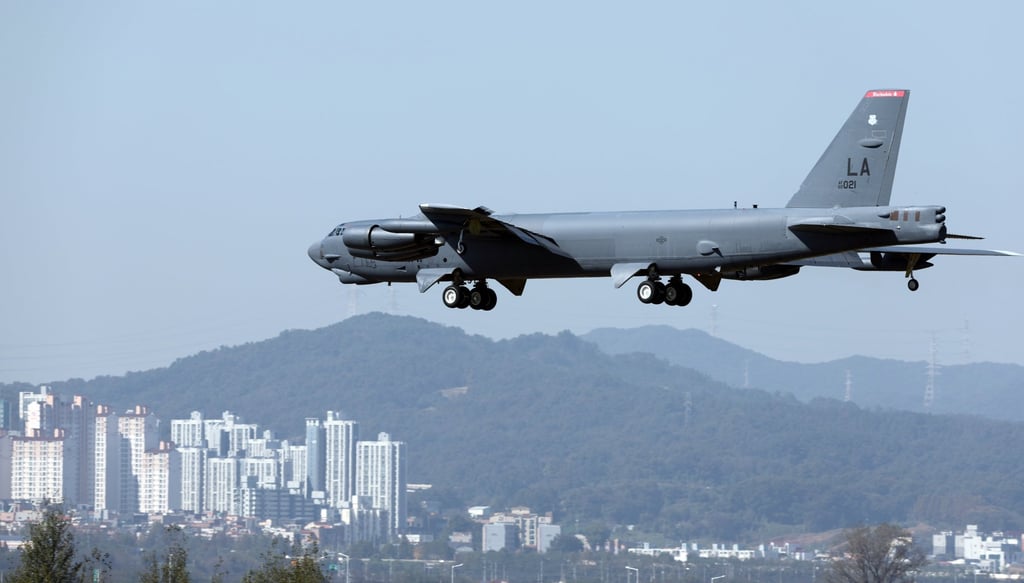A US B-52H strategic bomber lands at South Korea’s Cheongju Airport in October 2023. Cheongju Airport is a military airport designated as a military facility protection zone. Photo: EPA-EFE/Yonhap
