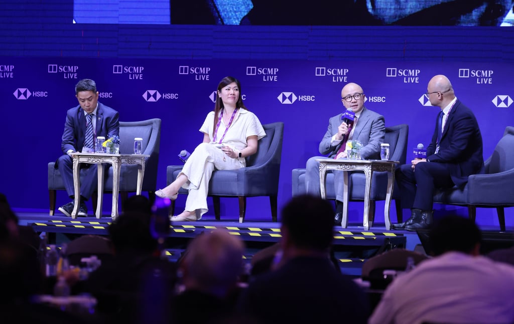 Panellists in a discussion on artificial intelligence innovation at the China Conference: Southeast Asia 2025 event include, from left to right: Jacky Cheong, head of enterprise data governance at CelcomDigi; Sarah Lim, investment partner at OSK Ventures International; Leo Liu Binxing, vice- president of international business at Alibaba Cloud Intelligence; and moderator Zhou Xin, technology editor at the South China Morning Post. Photo: Nora Tam
