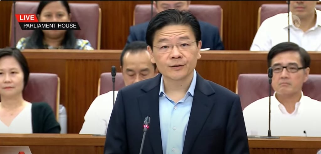 Singapore’s Prime Minister Lawrence Wong delivering the budget speech in parliament on Tuesday. Photo: CNA
