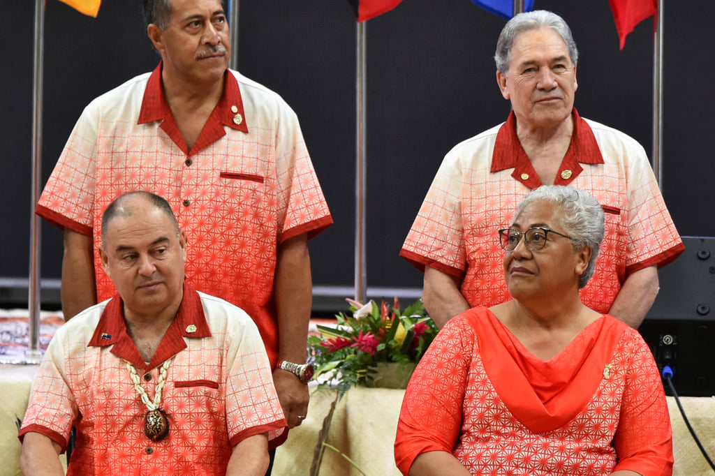 Cook Islands’ Prime Minister Mark Brown (lower left) and New Zealand’s Foreign Minister Winston Peters (top right) attend a Pacific Islands Forum meeting last year. Photo: AFP