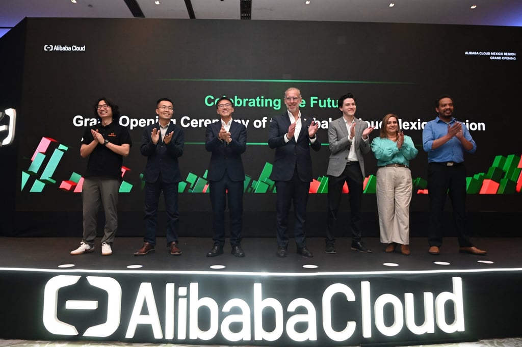 Dignitaries at the launch of Alibaba Cloud’s new data centre in Mexico. From left: Chen Yusen, general manager of Latin America region at Alibaba Cloud; Roger Wang, Alibaba Cloud general manager of global data centre operations; Tang Hong, Alibaba Cloud chief architect; Marco Del Prete, seecretary of economic development of the state of Querétaro; Sergio Fuentes, director of creative industries at Mexico’s Secretariat of Economy; Marlene Garcia, general director of software firm CONTPAQi; and Mauricio Herran, chief technology officer at Soft180. Photo: Handout