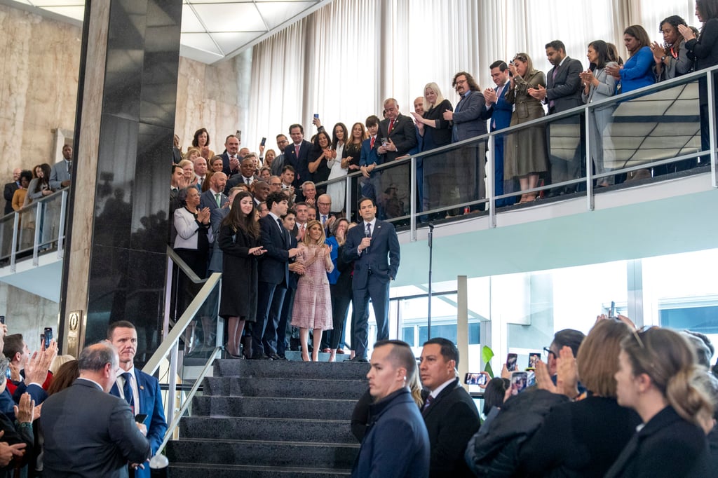 Secretary of State Marco Rubio speaking to State Department staff in Washington. Photo: AP