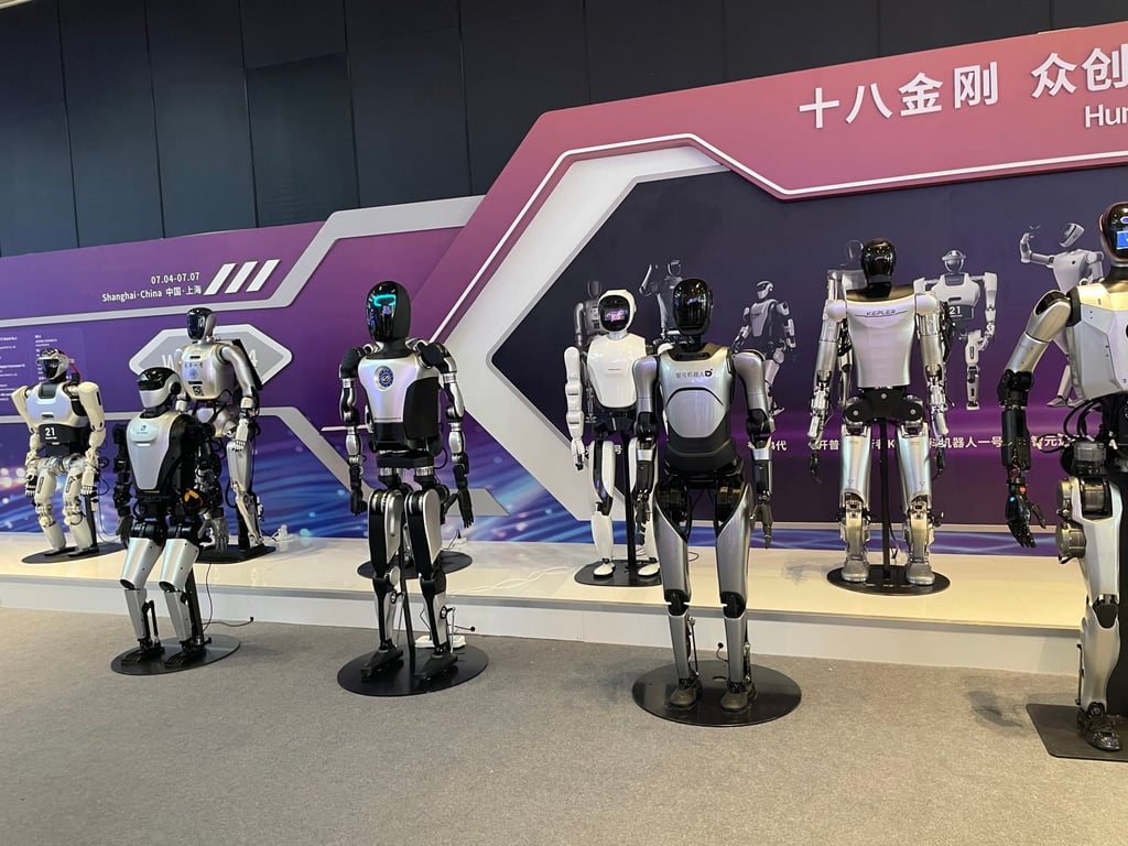 Humanoid robots from various Chinese and foreign brands on display during the 2024 World Artificial Intelligence Conference in Shanghai in July. Photo: SCMP
