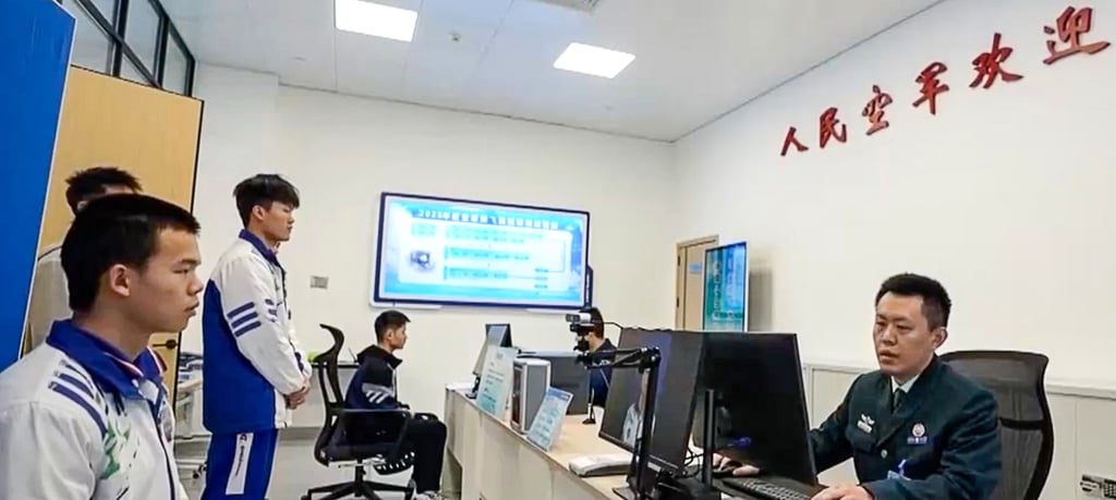 The PLA Air Force is using AI in its 2025 pilot recruitment drive to assess long-term health risks and human-machine adaptability of candidates. Photo: CCTV