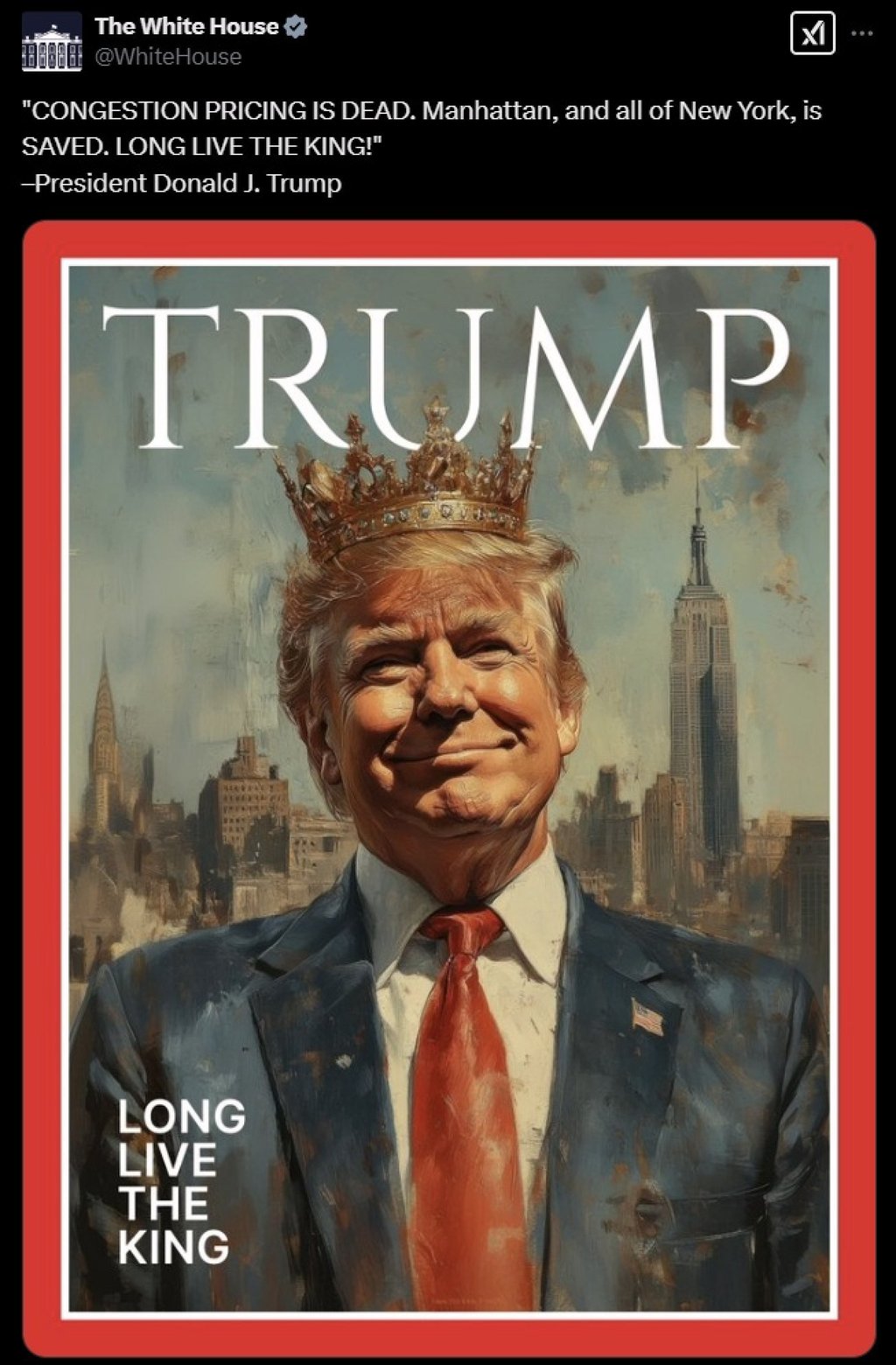 The White House posted an illustration on social media on Wednesday showing US President Donald Trump wearing a diamond-studded crown. Image: X/WhiteHouse