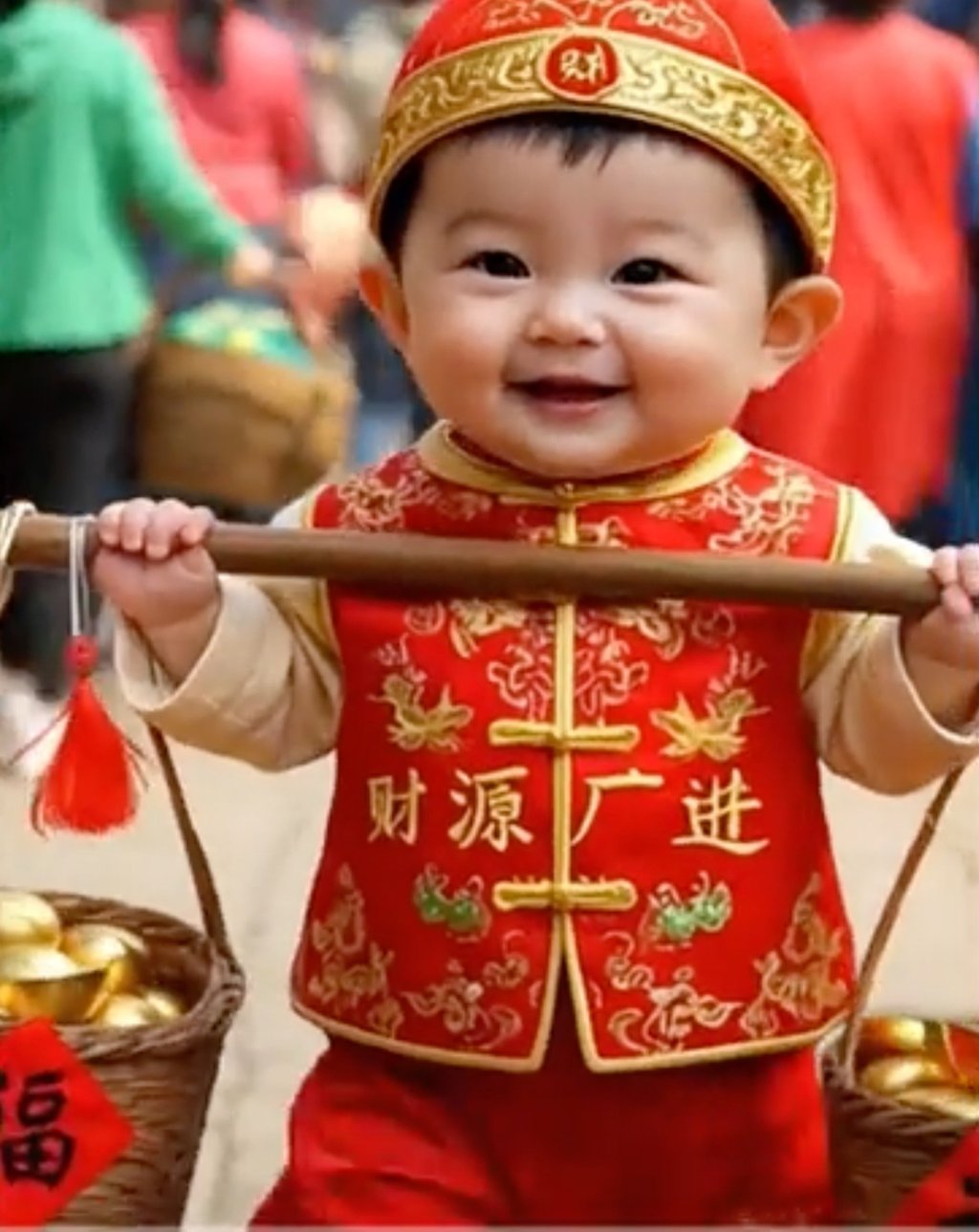 In various online clips, the “AI grandsons” are portrayed as chubby little ones boldly walking while gripping gold ingots and beaming with joy. Photo: Sohu