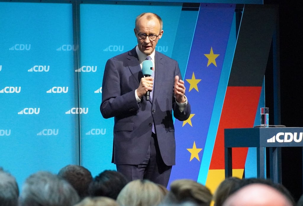 Friedrich Merz, leader of the conservative Christian Democratic Union party, makes a speech in Berlin on Thursday. Photo: Kyodo