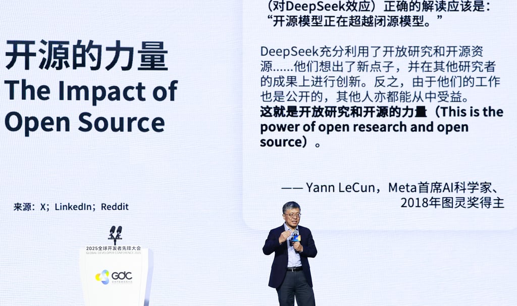 Harry Shum Heung-yeung, a long-time Microsoft researcher, delivers a speech about the importance of open-source AI at the opening ceremony of the Global Developer Conference. Photo: Handout