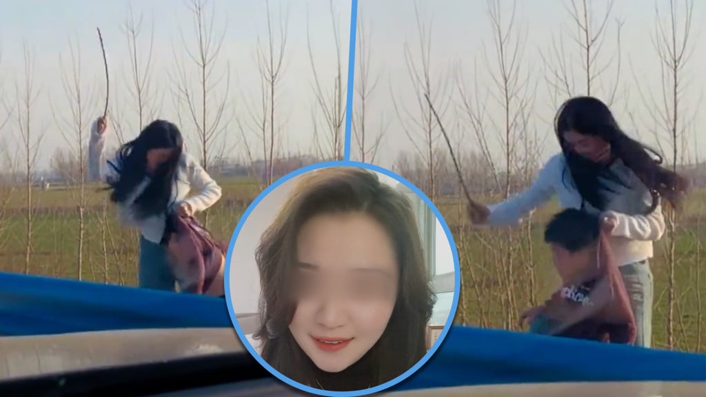 An angry mother in China has sparked an online parenting debate after she beat her son with a stick on the side of the road after the boy had a tantrum. Photo: SCMP composite/Douyin