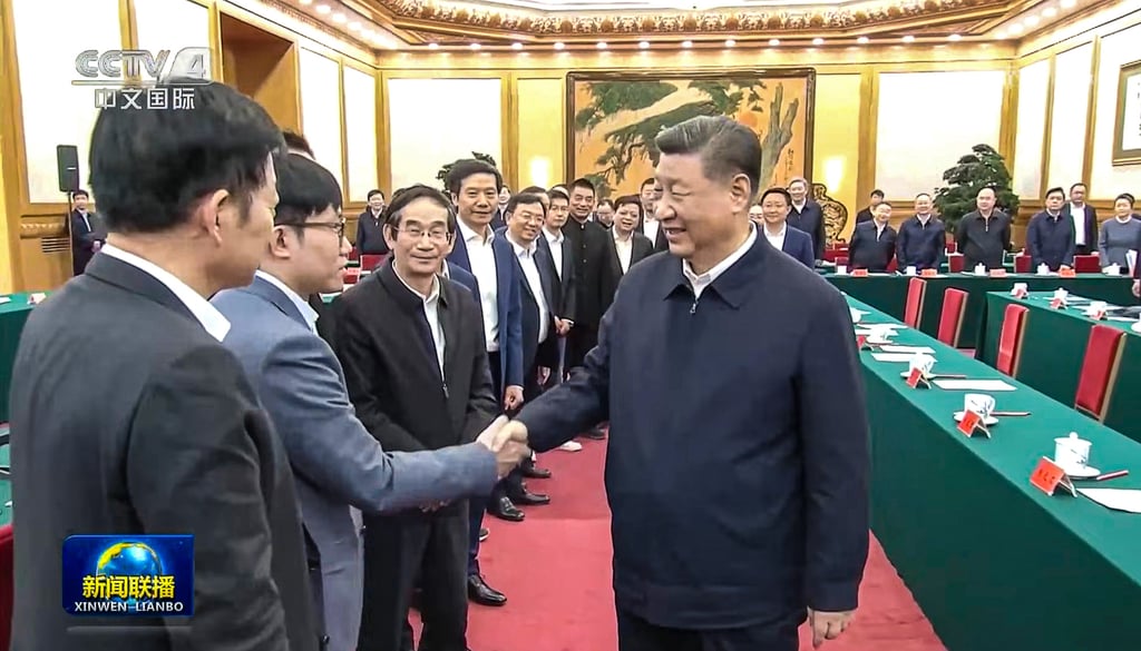 DeepSeek founder Liang Wenfeng meets Xi Jinping. Photo: CCTV