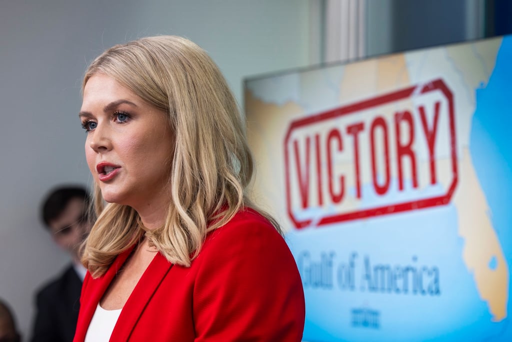 A ‘Gulf of America’ sign appears behind US President Donald Trump’s Press Secretary Karoline Leavitt as she speaks to reporters in the briefing room of the White House on Tuesday. Photo: EPA-EFE