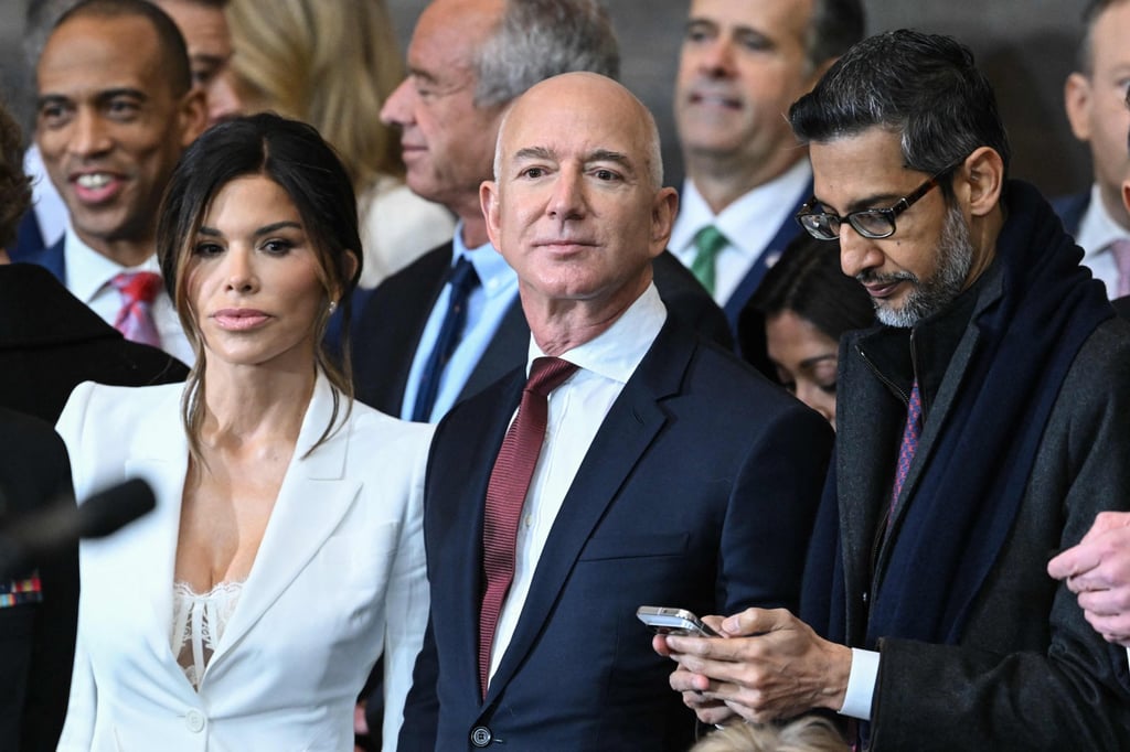 Lauren Sanchez (left), fiancée of Amazon founder and Blue Origin owner Jeff Bezos (middle), will be on Blue Origin’s next flight this spring. Photo: AFP