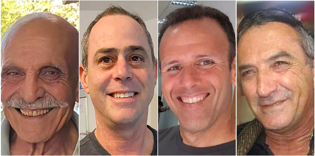 Shlomo Mantzur, Tsachi Idan, Ohad Yahalomi and Itzjik Elgarat were abducted during the October 7, 2023 attack. Photo: Hostages Family Forum via AP