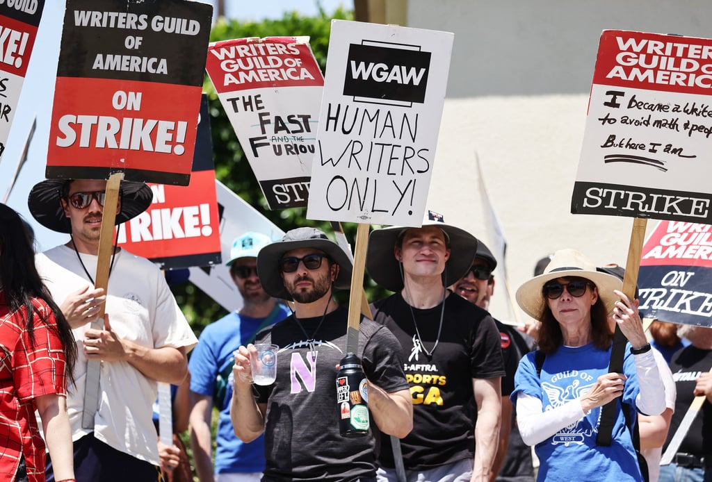 Striking Writers Guild of America workers picket outside Paramount Studios in Los Angeles in 2023. Film crews have been hoping for a rebound in film and television production after a series of strikes that year. Photo: Getty Images via AFP