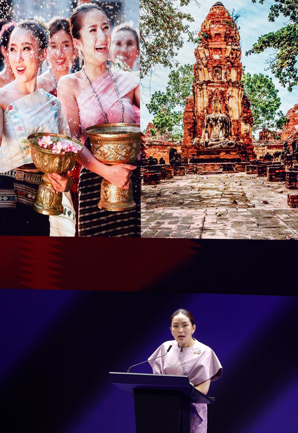 Thai Prime Minister Paetongtarn Shinawatra delivers an address on Thailand’s vision for expanding its cultural and creative industries in Bangkok on Monday. Photo: EPA-EFE