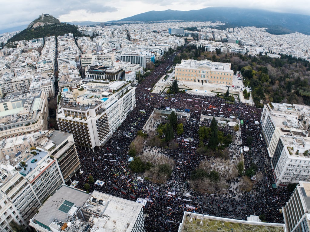 A drone view of people in front of the Greek parliament during a protest in Athens, Greece, on February 28, 2025. Photo: Reuters