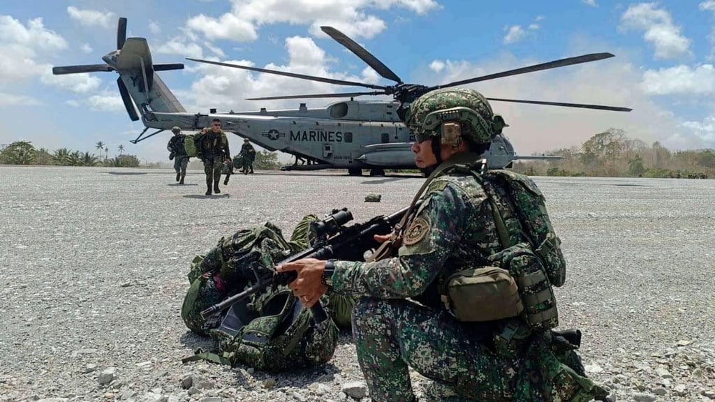 Air assault exercises conducted by Philippine Marines and their counterparts from the United States Marine Corps in Palawan province, the Philippines, in April 2024. Photo: EPA-EFE/Armed Forces of the Philippines