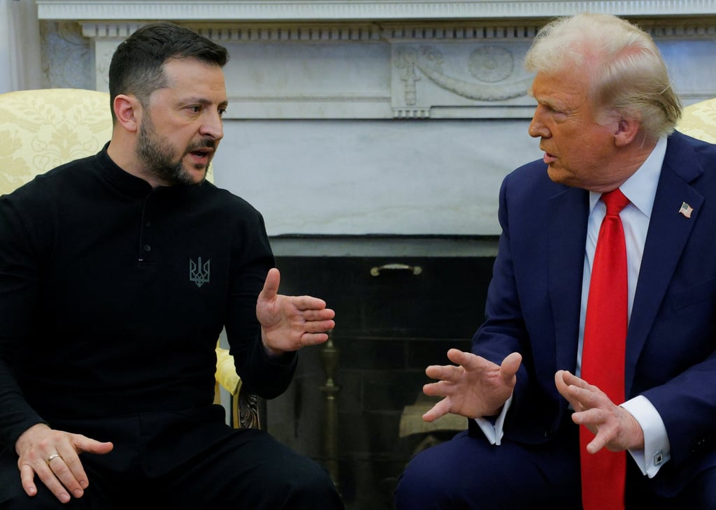 Ukrainian President Volodymyr Zelensky and US President Donald Trump talking over each other in the Oval Office. Photo: Reuters
