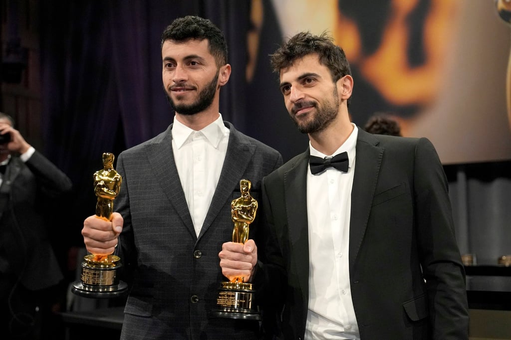 The film’s co-directors, Palestinian activist Basel Adra and Israeli journalist Yuval Abraham. Photo: AP