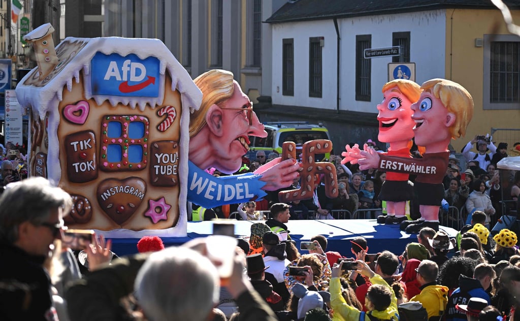 A float portrays co-leader of the far-right Alternative for Germany (AfD) party Alice Weidel as a witch during the parade to celebrate Rose Monday (Rosenmontag) in Düsseldorf, western Germany on Monday. Photo: AFP