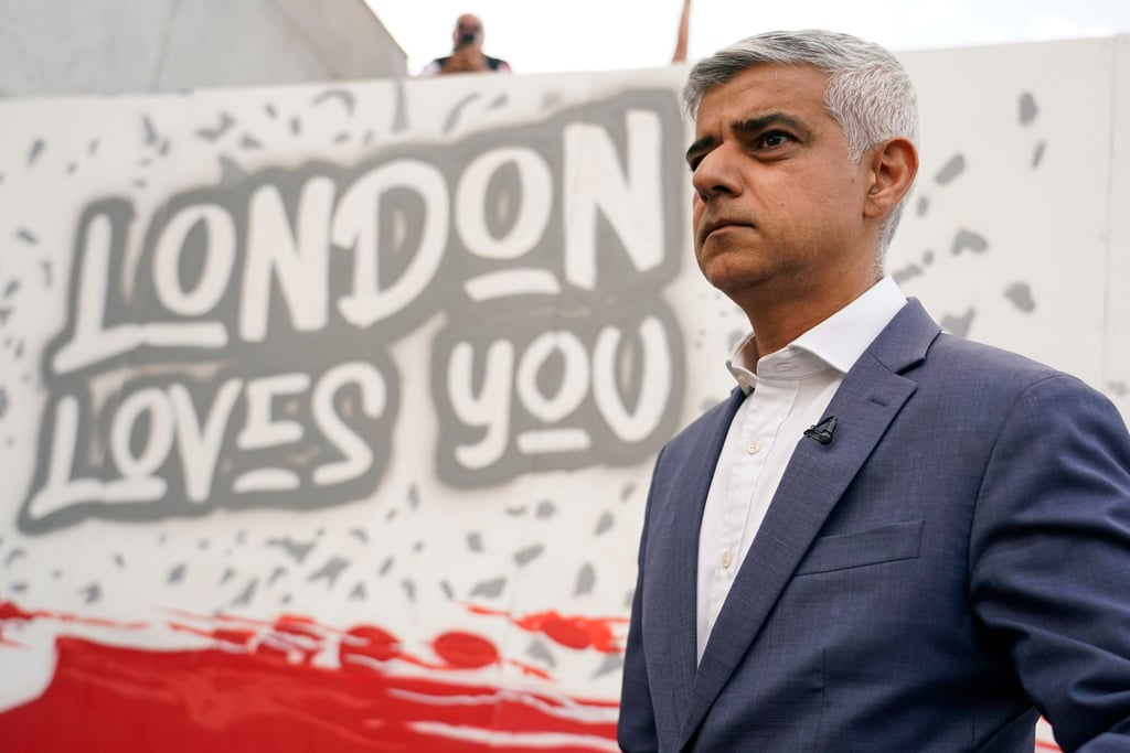 London Mayor Sadiq Khan at a live screening of a Women’s Euro 2022 football match in Trafalgar Square in London, England. He is serving his third term as mayor of London. Photo: AP