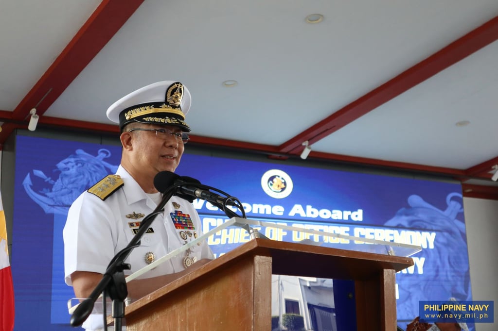 Philippine Navy chief Vice-Admiral Jose Ma. Ambrosio Ezpeleta speaking at Navy Headquarters on August 14, 2024. Photo: Philippine Navy