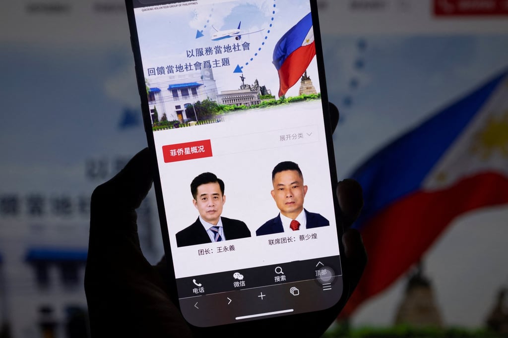 The website of a Chinese community organisation in the Philippines shows the photos of two men who were arrested in late January on espionage charges. Photo: Reuters