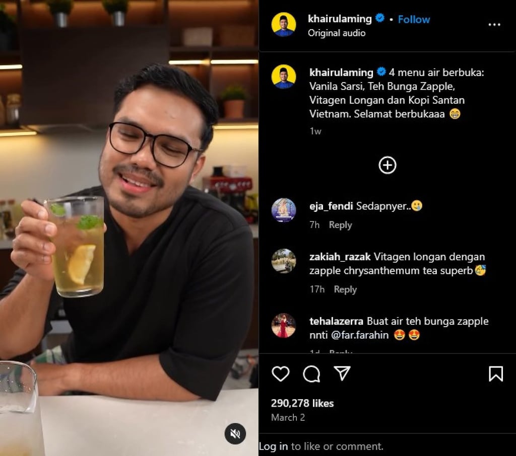 Malaysian food content creator Khairul Amin Kamarulzaman – better known as Khairulaming – shares drink recipes for Ramadan. Photo: Instagram/khairulaming