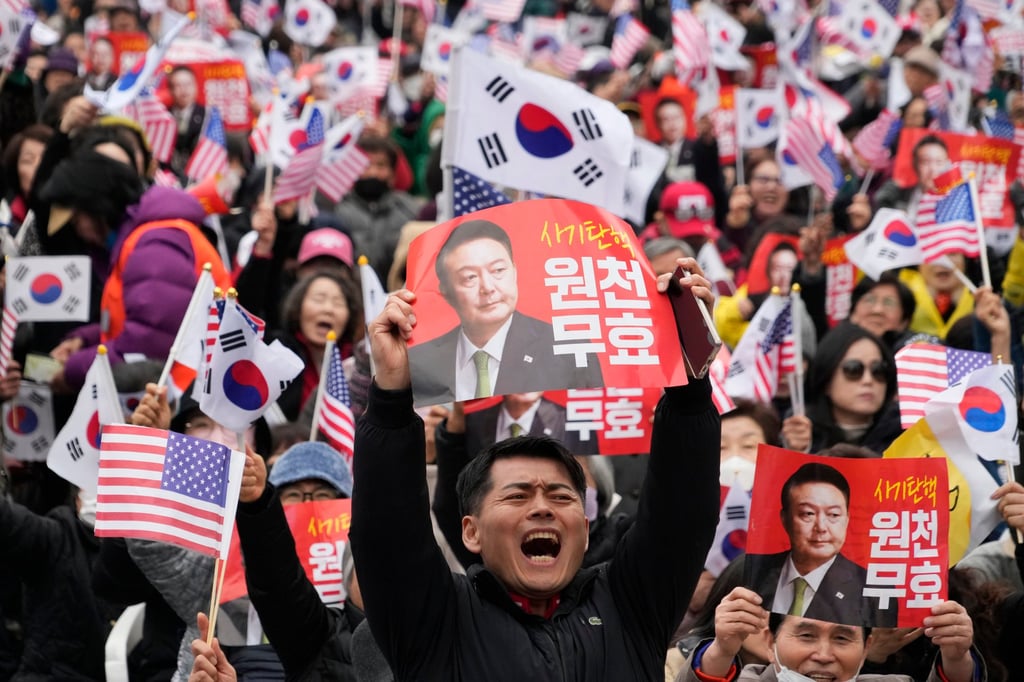 Supporters of South Korea’s suspended president Yoon Suk-yeol hold a rally in Seoul on March 1. Photo: AP