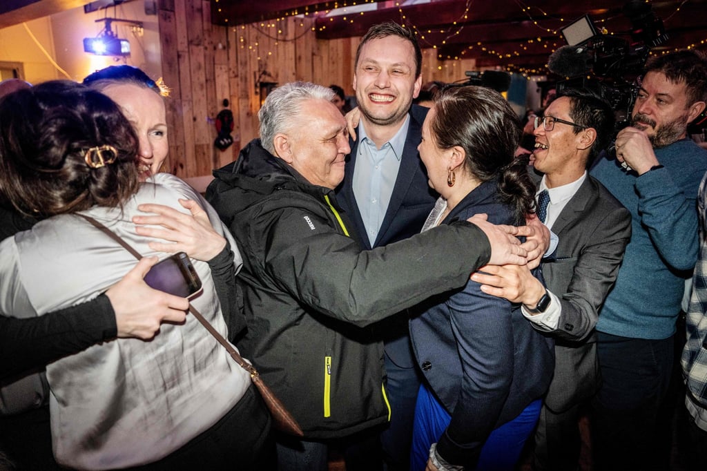 Demokraatit leader Jens-Frederik Nielsen celebrates. Photo: Mads Claus Rasmussen / Ritzau Scanpix via AFP
