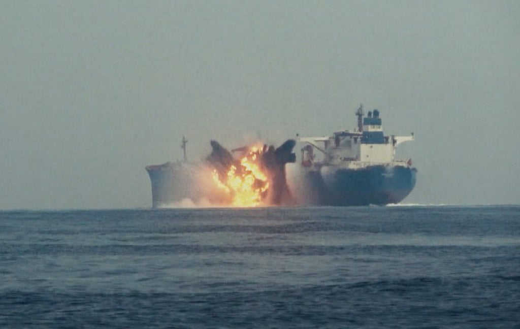 An explosion on the British oil ship Cordelia Moon after an attack by an unmanned Houthi boat in the Red Sea in October, 2024. File photo: Houthi Media Centre via EPA-EFE