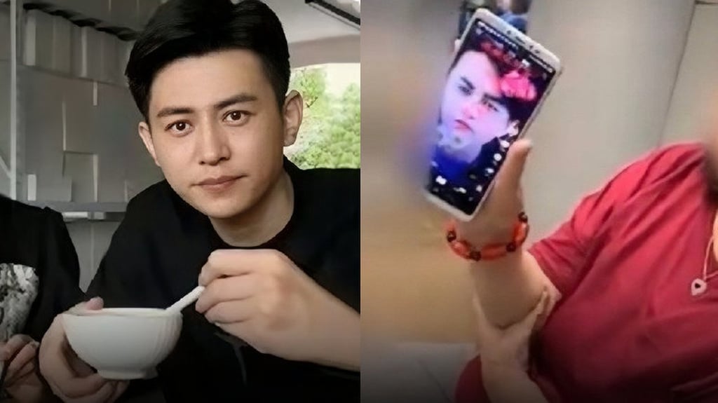Jin Dong, left, and a woman fan showing one of the deepfake copies of his persona on a mobile phone. Photo: Weibo