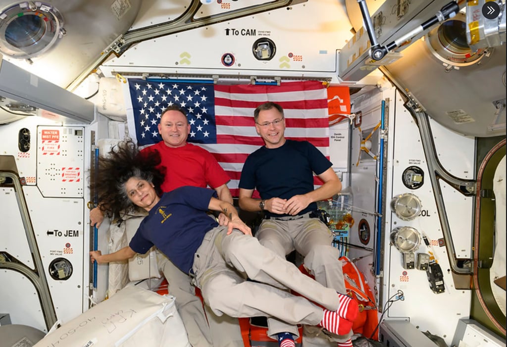 (From left) Suni Williams, Butch Wilmore and colleague Nick Hague are seen in an image provided by Nasa. Photo: Nasa via AP