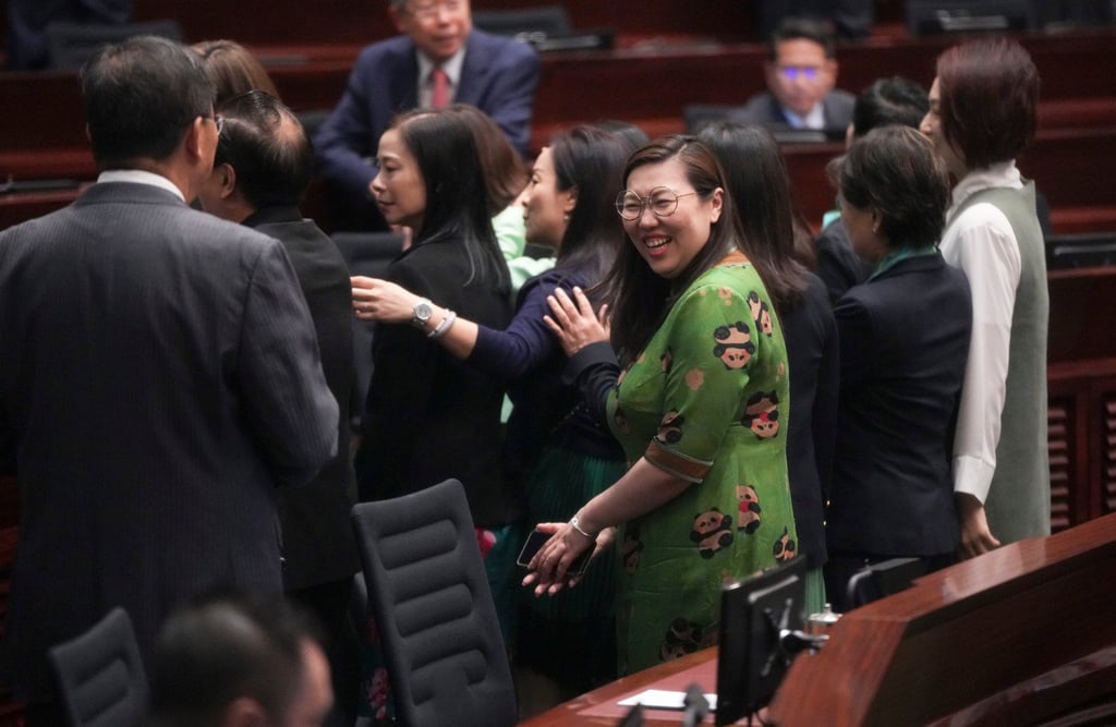 Lawmaker Nixie Lam (centre), seen here attending the chief executive’s policy address on October 16, 2024 alongside her colleagues, has been a vocal advocate for government support for Hongkongers who use assisted reproductive technology. Photo: Eugene Lee
