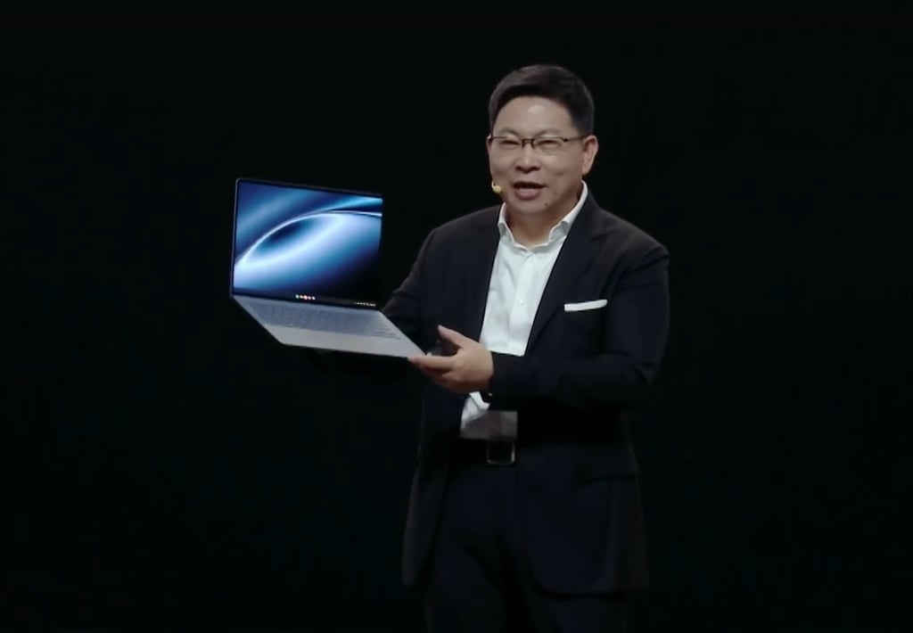 Richard Yu Chengdong, chairman of Huawei’s consumer business group, holds a Matebook X Pro at a launch event in April 2024. Photo: Handout