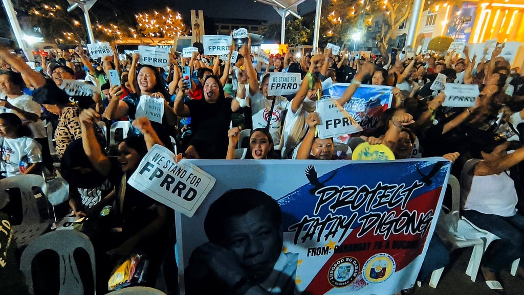 Rodrigo Duterte’s supporters protest against his arrest in Davao City, Philippines, on Monday. Photo: Reuters