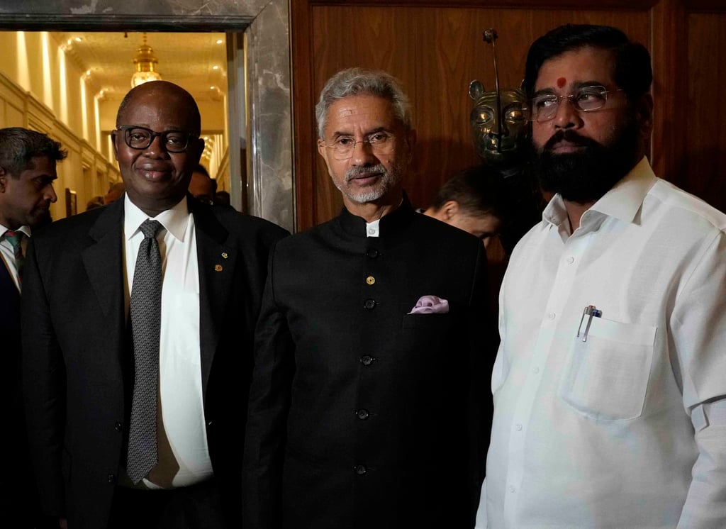 Gabon’s Foreign Minister, Michael Moussa-Adamo (left), Indian Foreign Minister S. Jaishankar (centre), and Maharashtra Chief Minister Eknath Shinde attend a UN Counter-Terrorism Committee meeting in Mumbai in October 2022. Photo: AP