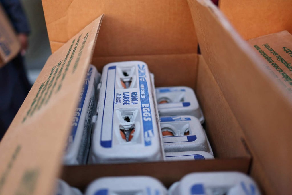 Carton of eggs are seen during a free give-away event in New York City on Friday. Photo: Getty Images via AFP