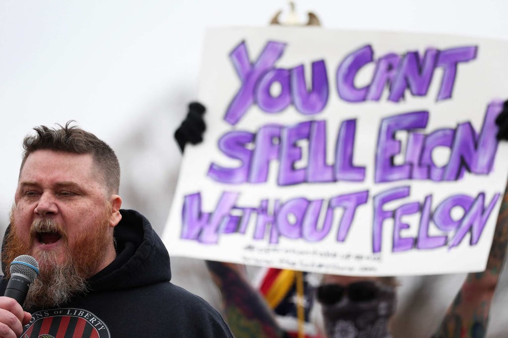 Big Sarge, a member of the Sons of Liberty, speaks during a “Veterans March” on March 14, in Washington. Photo: AFP