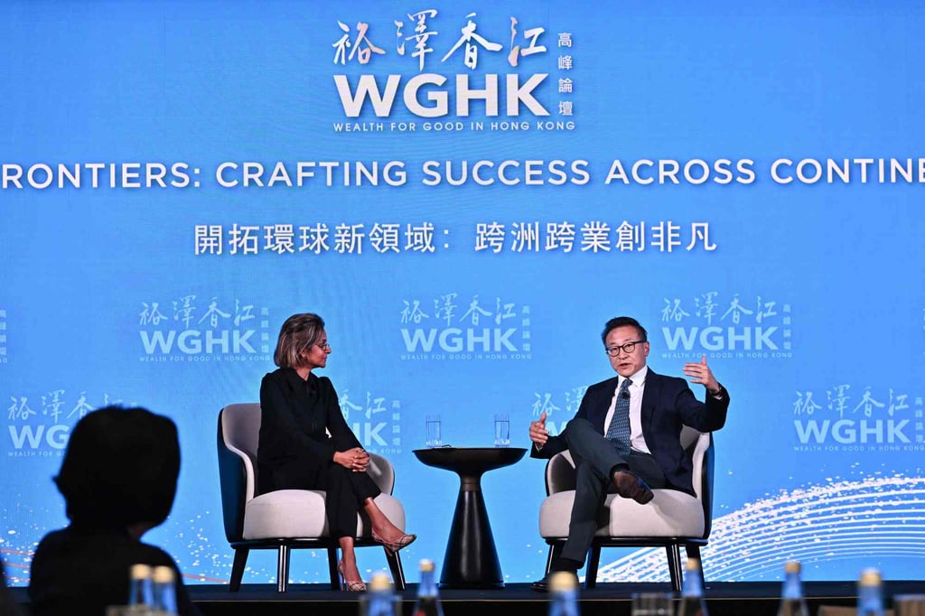 Alibaba chairman Joe Tsai (right) takes part in a discussion at the Wealth for Good in Hong Kong summit on Wednesday. Photo: ISD