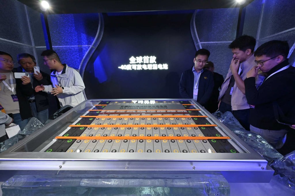 A model of the Freevoy Super Hybrid Battery produced by Contemporary Amperex Technology Limited (CATL) in Beijing on October 24, 2024. Photo: AFP