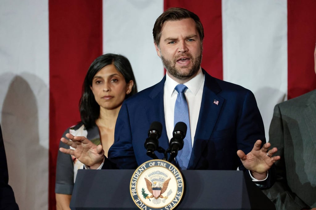 US Vice-President J.D. Vance, joined by his wife Usha Vance, speaks in Bay City, Michigan, on March 14. Photo: AFP
