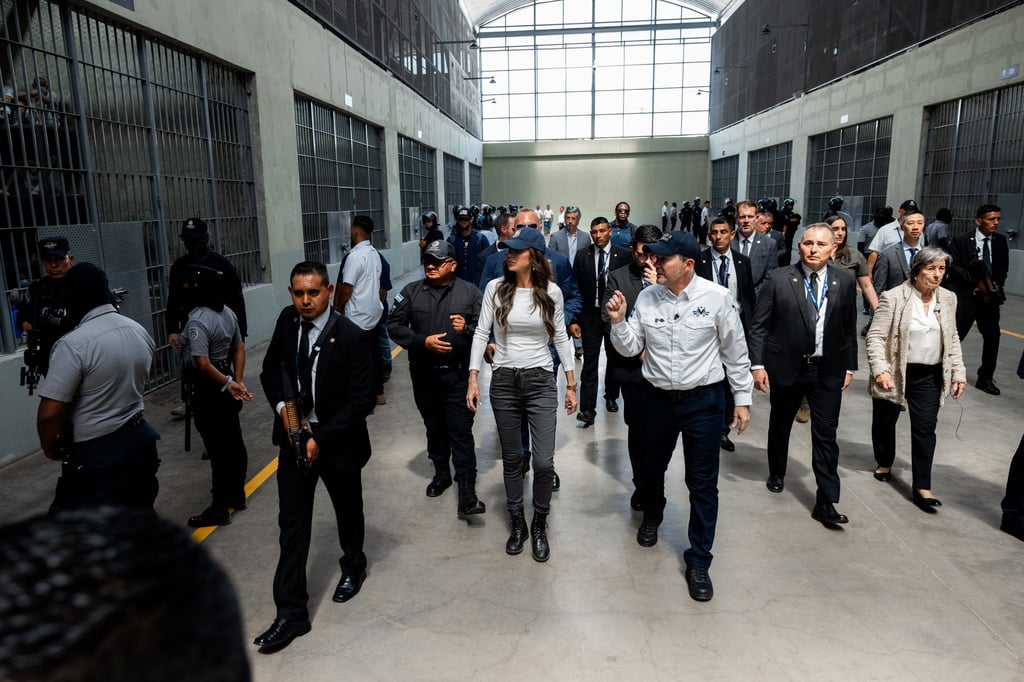 US Homeland Security Secretary Kristi Noem tours the facility. Photo: Government of El Salvador via EPA -EFE