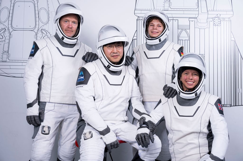 Mission specialist and medical officer Eric Philips, mission commander Chun Wang, pilot Rabea Rogge and vehicle commander Jannicke Mikkelsen. Phoyo: Fram2/SpaceX via AFP