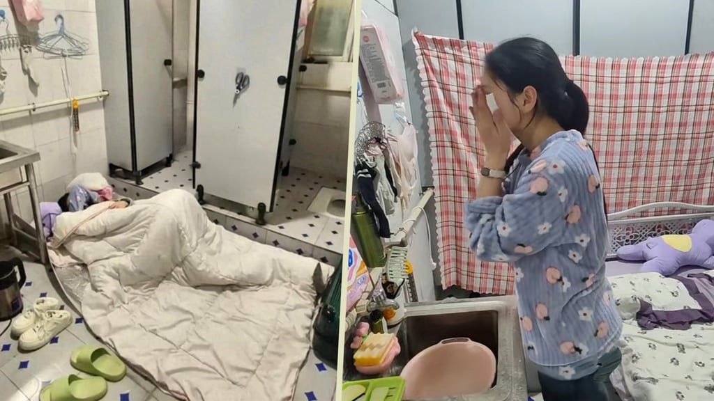A young woman who struggles with high rent is paying US$7 a month to sleep in a toilet. Photo: SCMP composite/Douyin