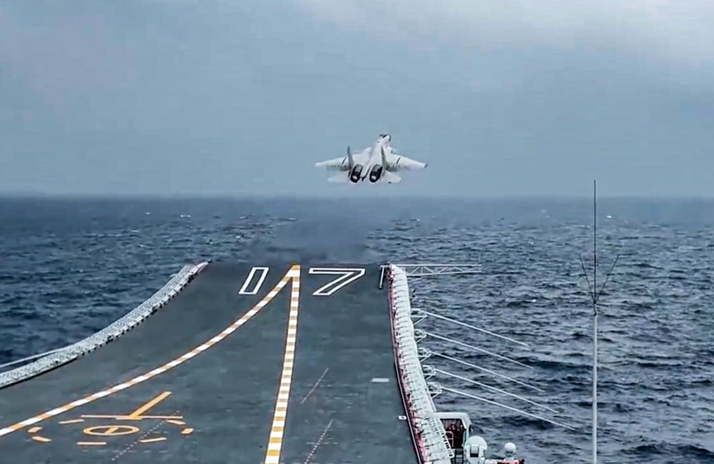The Shandong aircraft carrier, which took part in its second PLA drills near Taiwan, approaching from the island’s east. Photo: CCTV