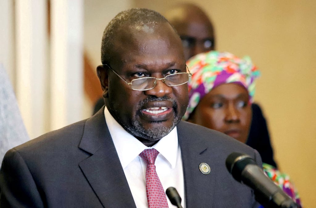 South Sudan’s Vice-President Riek Machar addresses a news conference in Juba, South Sudan, in April 2020. Photo: Reuters