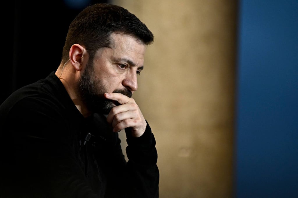 Ukraine’s President Volodymyr Zelensky looks on as he speaks at the headquarters of French national public television broadcaster “France Televisions” in Paris, on March 27. Photo: AFP