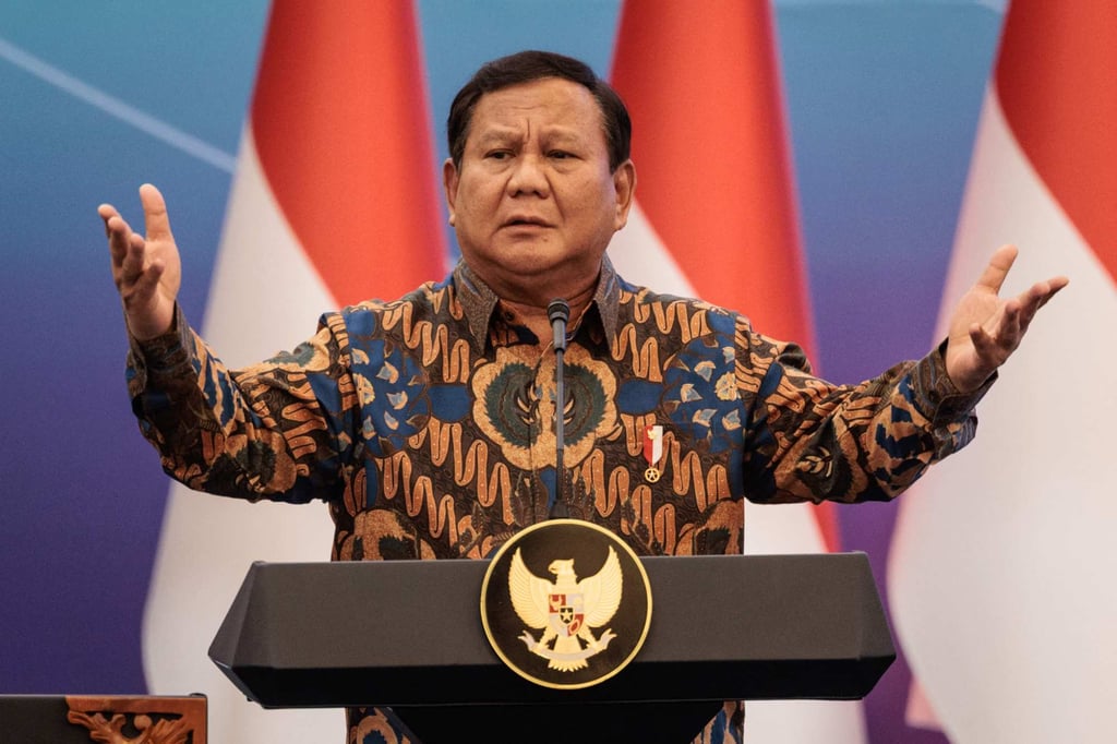 Indonesia’s President Prabowo Subianto speaks at an event in Jakarta on Tuesday. Photo: AFP