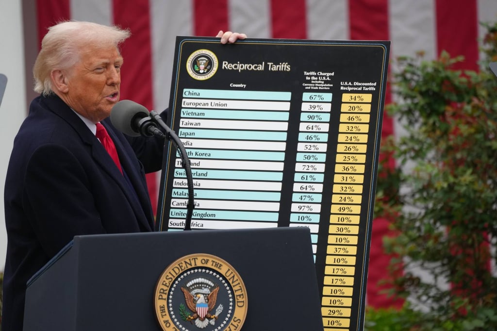 US President Donald Trump holds a tariffs poster at the White House. Photo: ZUMA Press Wire/dpa/TNS